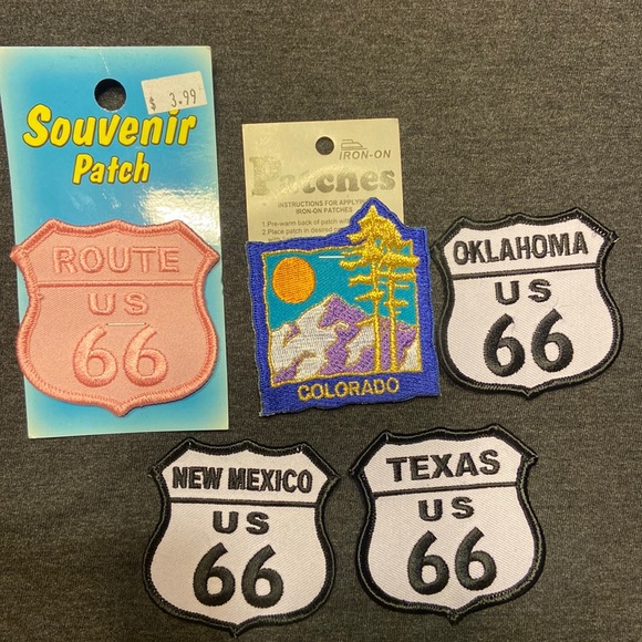 5 Iron on Route 66 Souvenir patches. Oklahoma, Texes, New Mexico, Colorado 2.25” - Picture 1 of 4